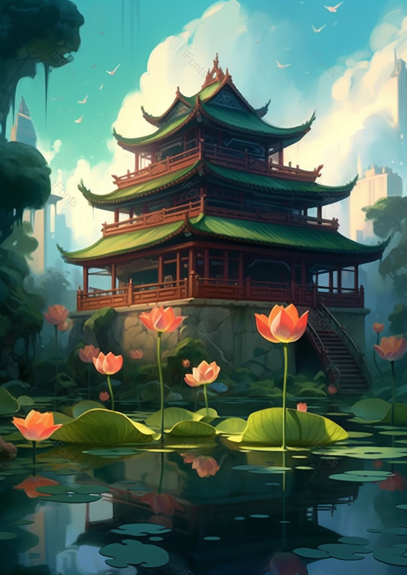 楼阁国潮风插画背景,插画/手绘图,插画/手绘图库,插画/手绘图下载,插画/手绘